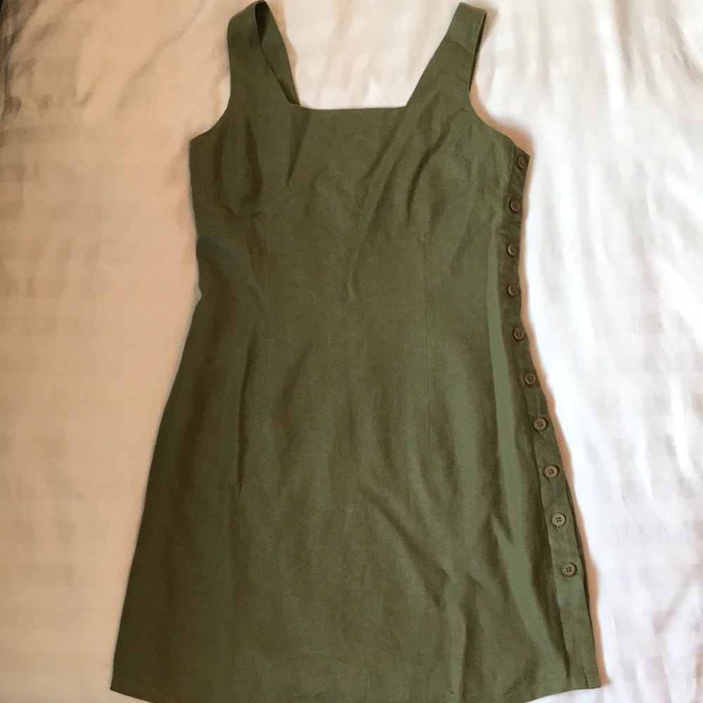 Sage green linen square neck side button lined dress EUC